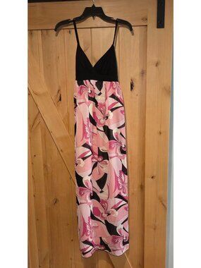 VTG Y2K La Belle Maxi Dress Pink Tie Waist Jrs Size 3 Butterfly Look Empire